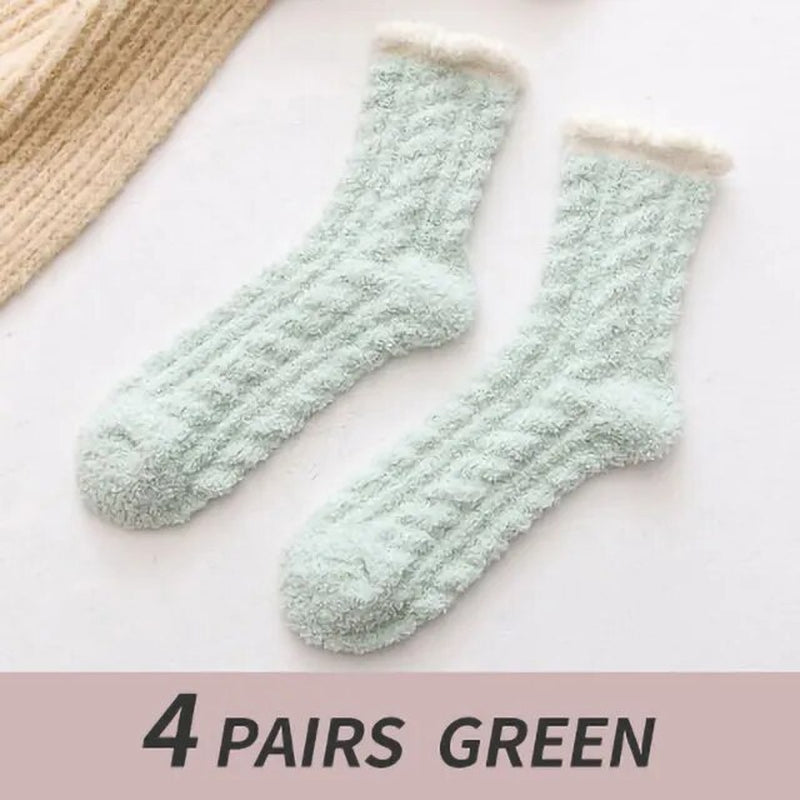 4 Pairs Winter Warm Fluffy Fuzzy Socks Thick Thermal Soft Kawaii Cold Resistance Mid Socks Coral Fleece Floor Sleep Sock