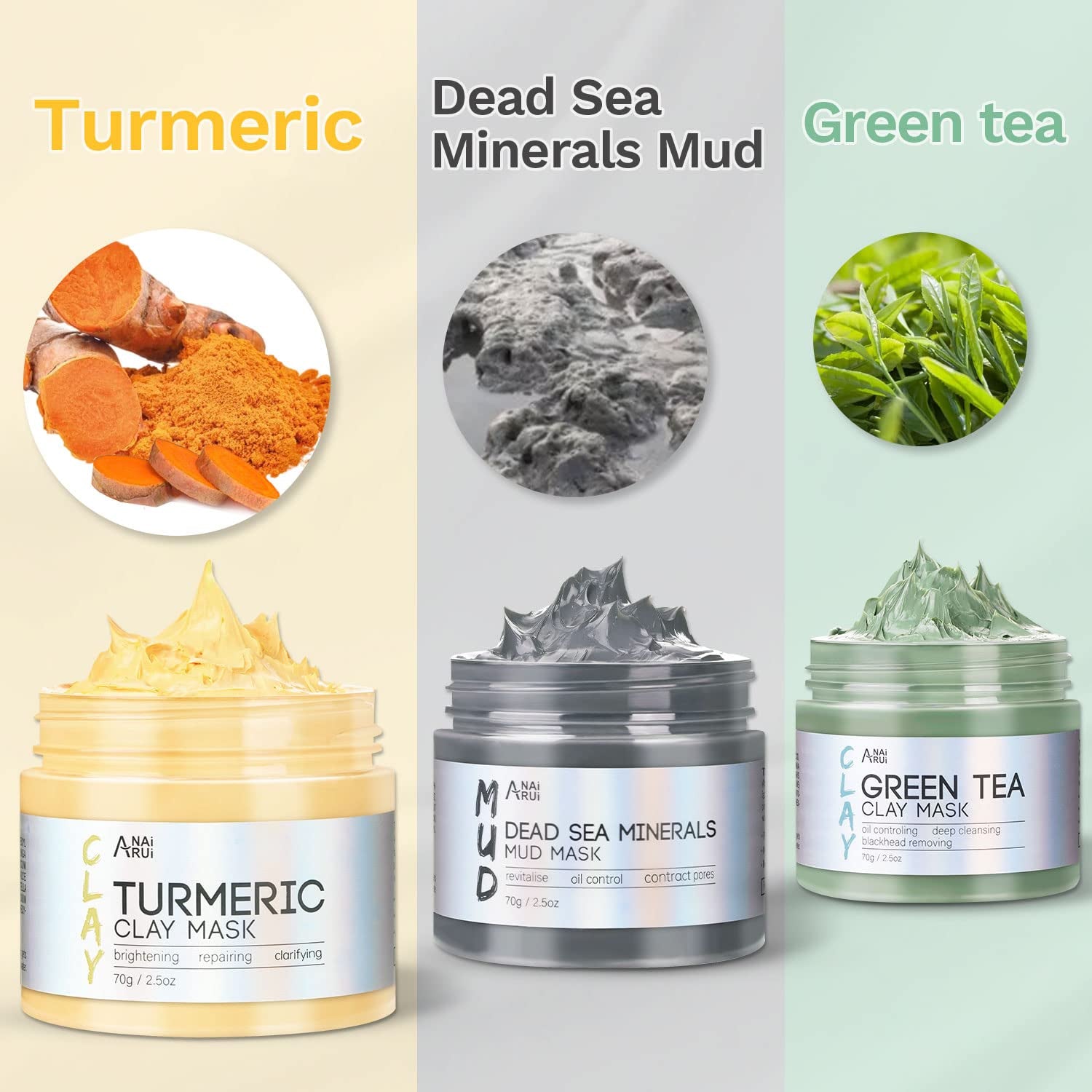 Turmeric Clay Mask - Green Tea and Dead Sea Minerals, Spa Facial Mask Set for Pore Treatment/Smooth/Clarify, 2.5 Oz Each