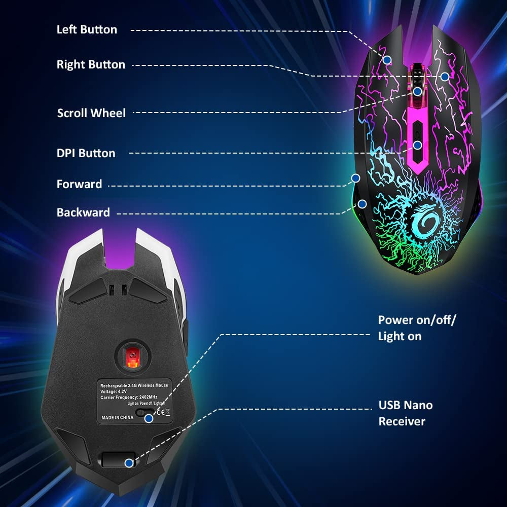 Wireless Gaming Mouse, Rechargeable Computer Mouse Mice with 7 LED Lights, 6 Programmable Buttons, 2.4G USB Nano Receiver 3 Adjustable DPI for Laptop PC Gamer Desktop Chromebook Mac-Black