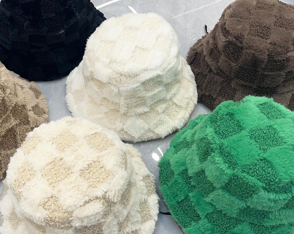 Plush Fisherman Hat for Women Fuzzy Chessboard Bucket Hat Wide Brim Fluffy Warm Cap for Fall Winter Gift 2023