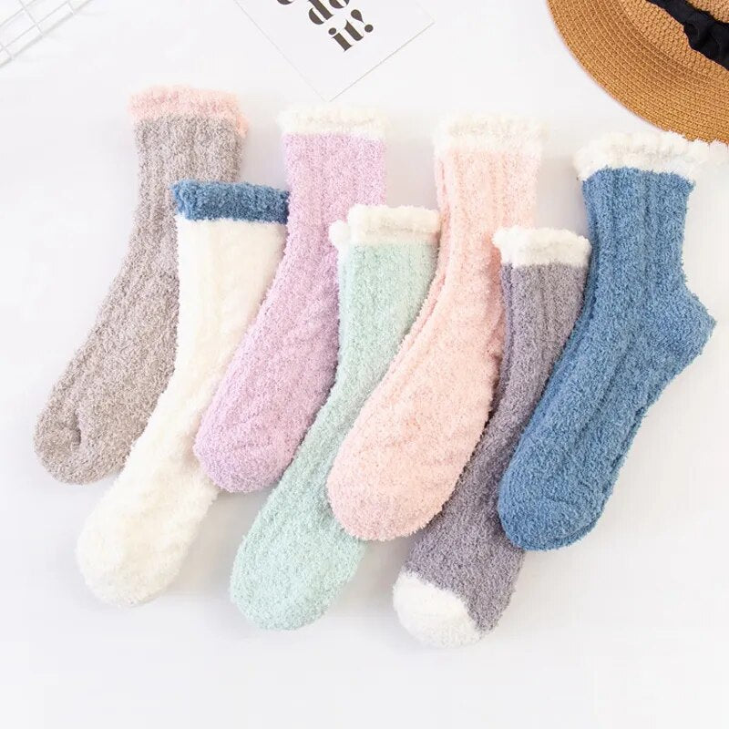 4 Pairs Winter Warm Fluffy Fuzzy Socks Thick Thermal Soft Kawaii Cold Resistance Mid Socks Coral Fleece Floor Sleep Sock