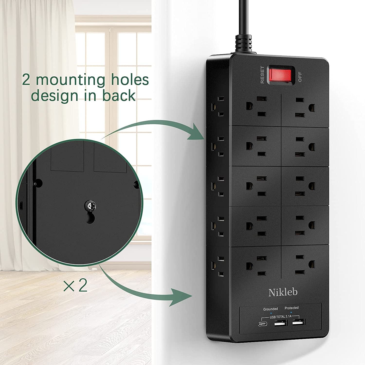 Power Strip 23 in 1, 20 Outlets Surge Protector Wall Mount with 2 USB Ports + 1 USB C Port 3.1A Total, Multi Plug Extension Cord 6Ft Heavy Duty, USB Charging Station for Multiple Devices, Home, Office