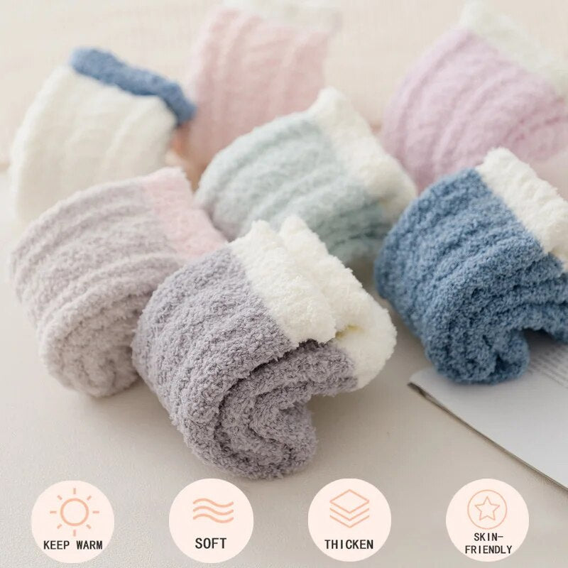 4 Pairs Winter Warm Fluffy Fuzzy Socks Thick Thermal Soft Kawaii Cold Resistance Mid Socks Coral Fleece Floor Sleep Sock