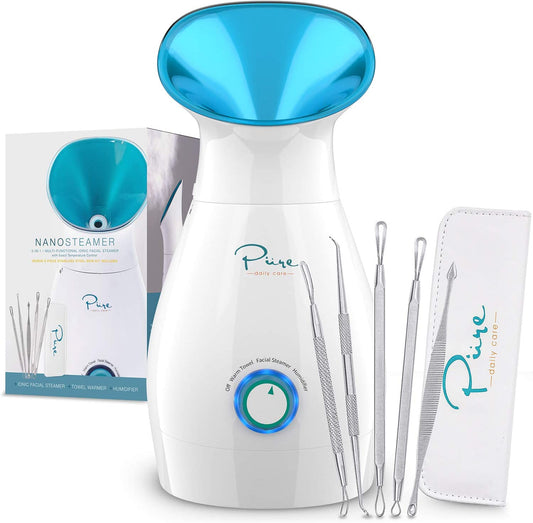 Nanosteamer Large 3-In-1 Nano Ionic Facial Steamer with Precise Temp Control - Humidifier - Unclogs Pores - Blackheads - Spa Quality - Bonus 5 Piece Stainless Steel Skin Kit (Teal)