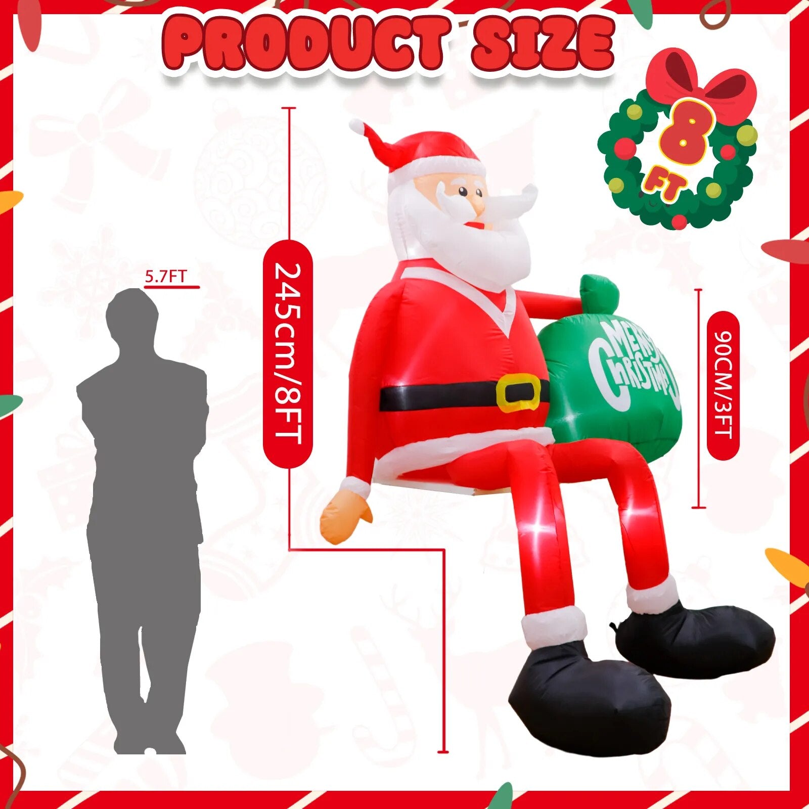 8FT Climbing Santa Christmas Inflatables Decorations Built-In LED Light Xmas Holiday for Party Outdoor Porch Decoration