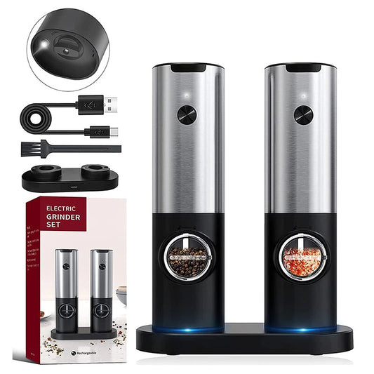 Electric Salt Grinder Set USB Rechargeable Electric Pepper Mill with LED Light Adjustable Coarseness Kitchen Tools