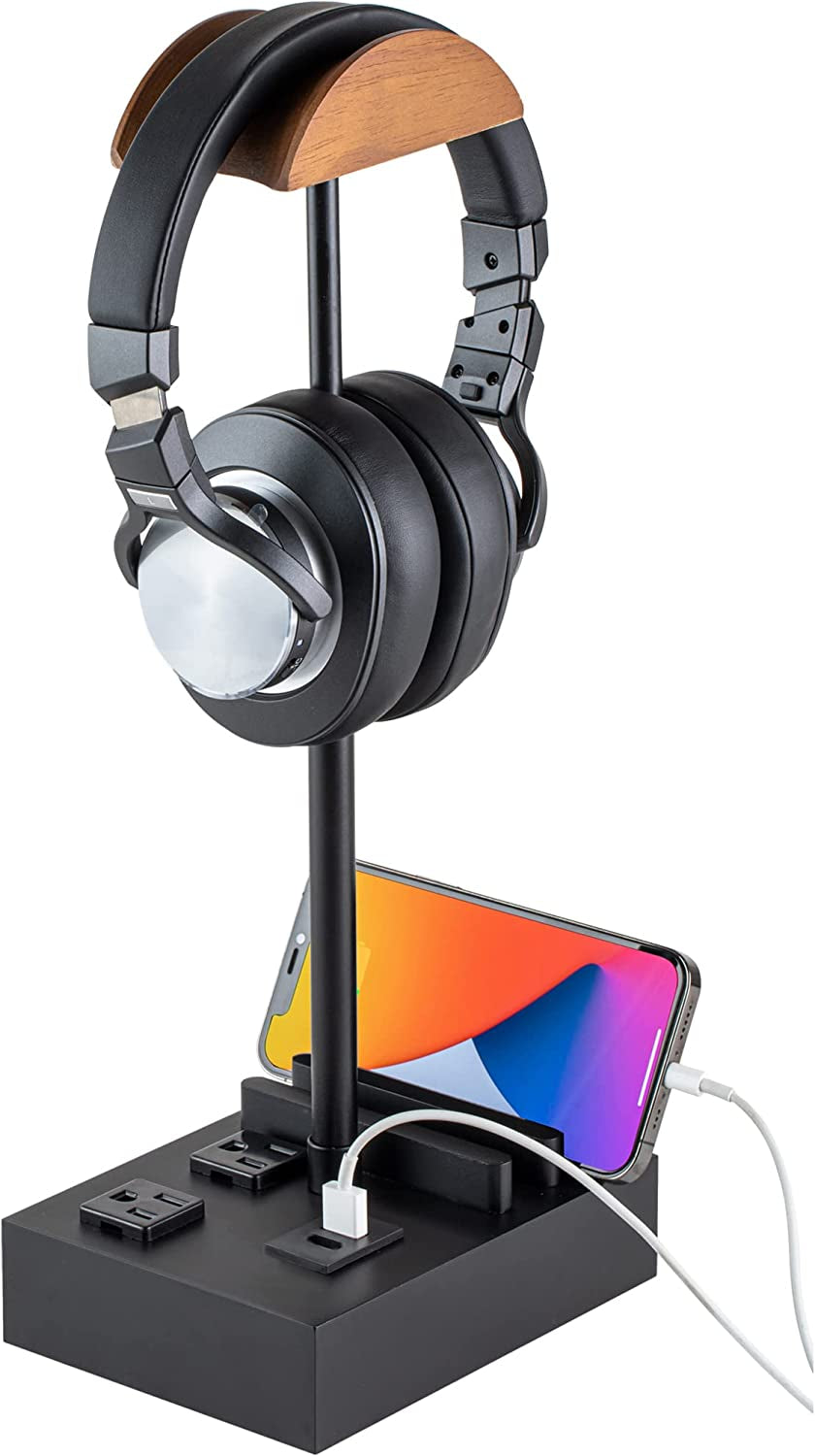 Headphone Stand Desktop Gaming Headset Holder with 2 AC Outlets and USB C&A Ports, Charging Station&Phone Stands, Height Adjustable Wood Earphone Table Game Accessories for Desktop Gamer