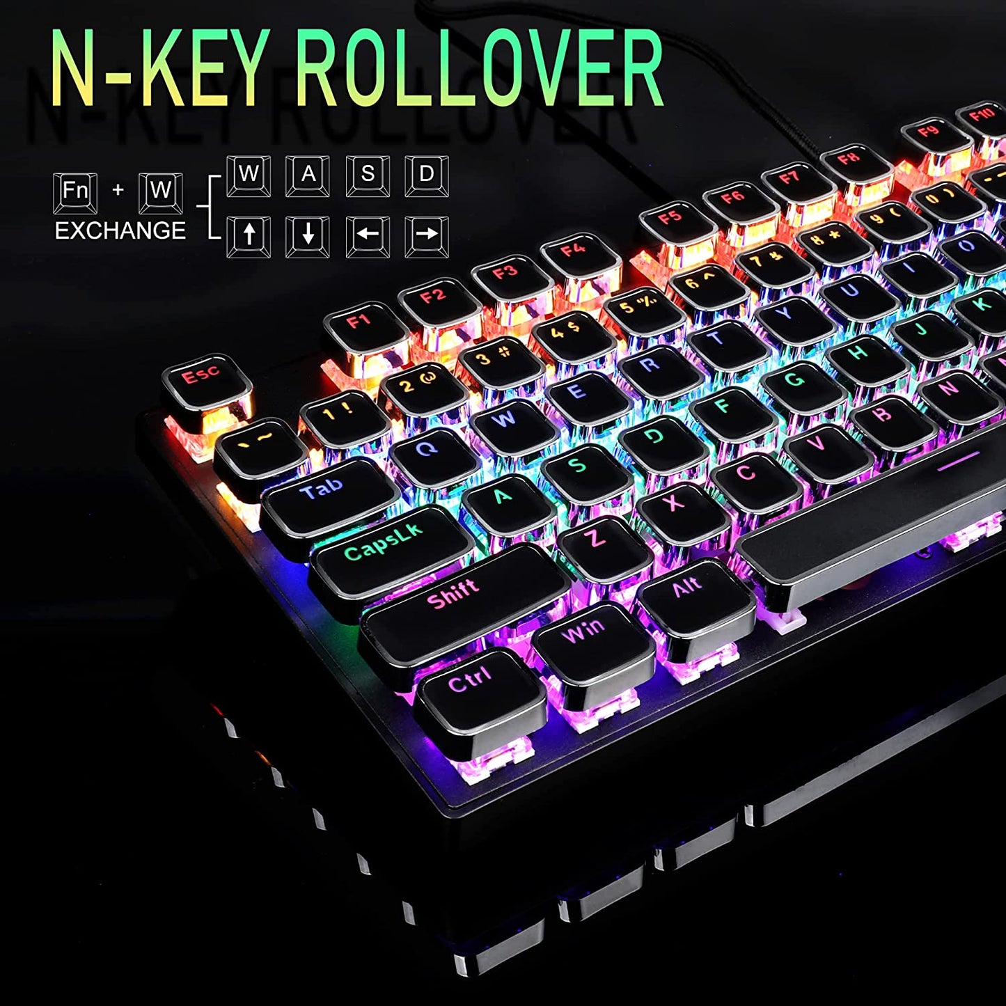 Typewriter Style Mechanical Gaming Keyboard, Black Retro Punk Gaming Keyboard with RGB Backlit, 104 Keys Blue Switch Wired Cute Keyboard, Unique Square Keycaps for Windows/Mac/Pc