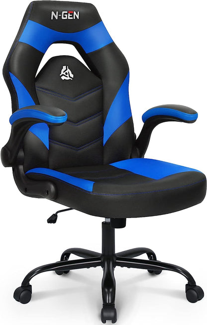 N-GEN Video Gaming Computer Chair Ergonomic Office Chair Desk Chair with Lumbar Support Flip up Arms Adjustable Height Swivel PU Leather Executive PC Chair with Wheels for Adults Women Men (Blue)