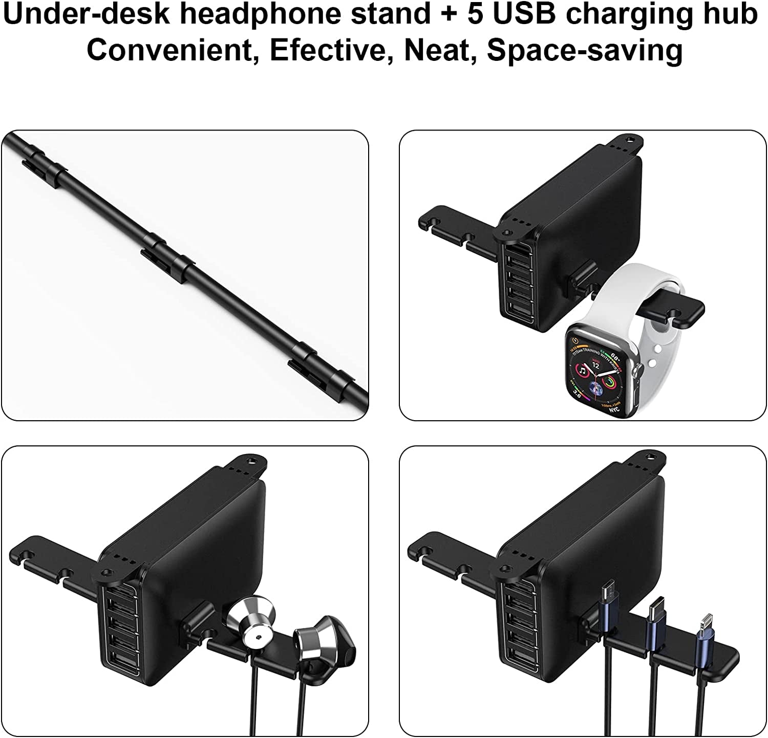 PC Gaming Headphone Headset Holder Hanger Hook,  Dual Headphone Stand under Desk with 5 Ports USB Charging Station, Suitable for Gamer Earphone Accessories as Boyfriend, Son, Husband Gifts