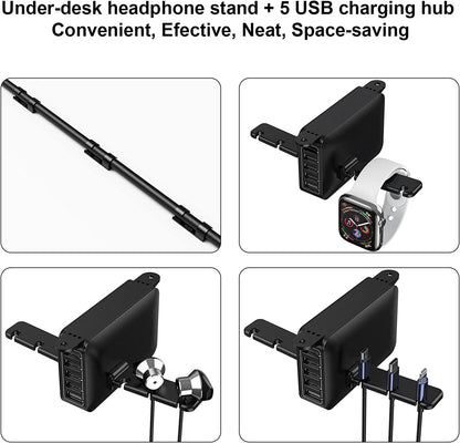 PC Gaming Headphone Headset Holder Hanger Hook,  Dual Headphone Stand under Desk with 5 Ports USB Charging Station, Suitable for Gamer Earphone Accessories as Boyfriend, Son, Husband Gifts
