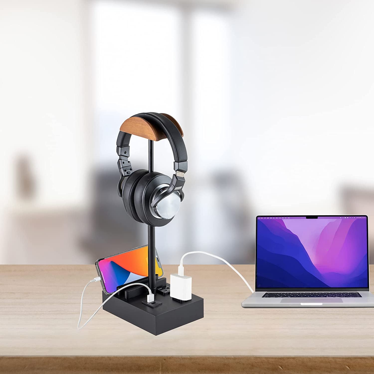 Headphone Stand Desktop Gaming Headset Holder with 2 AC Outlets and USB C&A Ports, Charging Station&Phone Stands, Height Adjustable Wood Earphone Table Game Accessories for Desktop Gamer