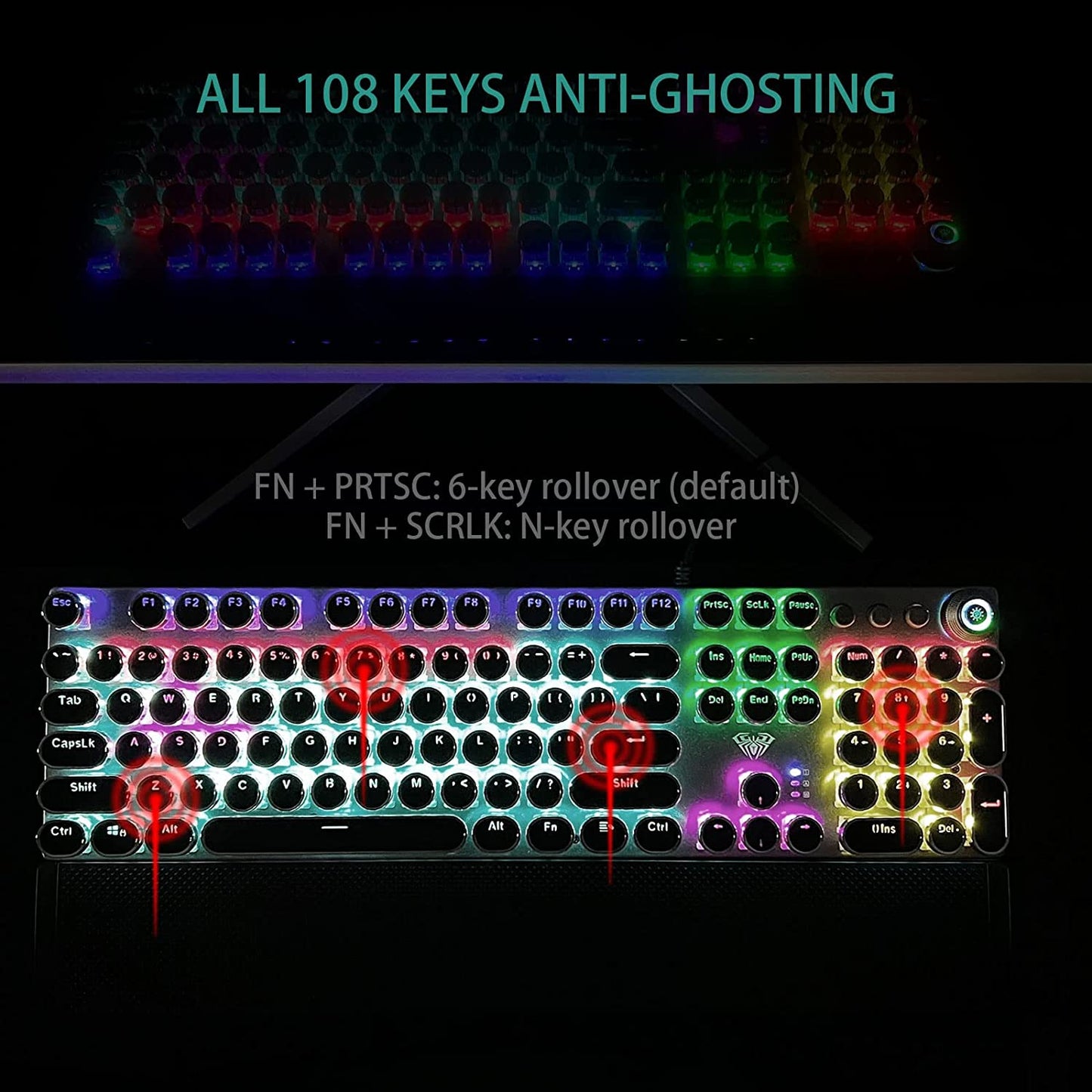 F2088 Typewriter Style Mechanical Gaming Keyboard Blue Switches,Rainbow LED Backlit,Removable Wrist Rest,Media Control Knob,Retro Punk round Keycaps,Usb Wired Computer Keyboard