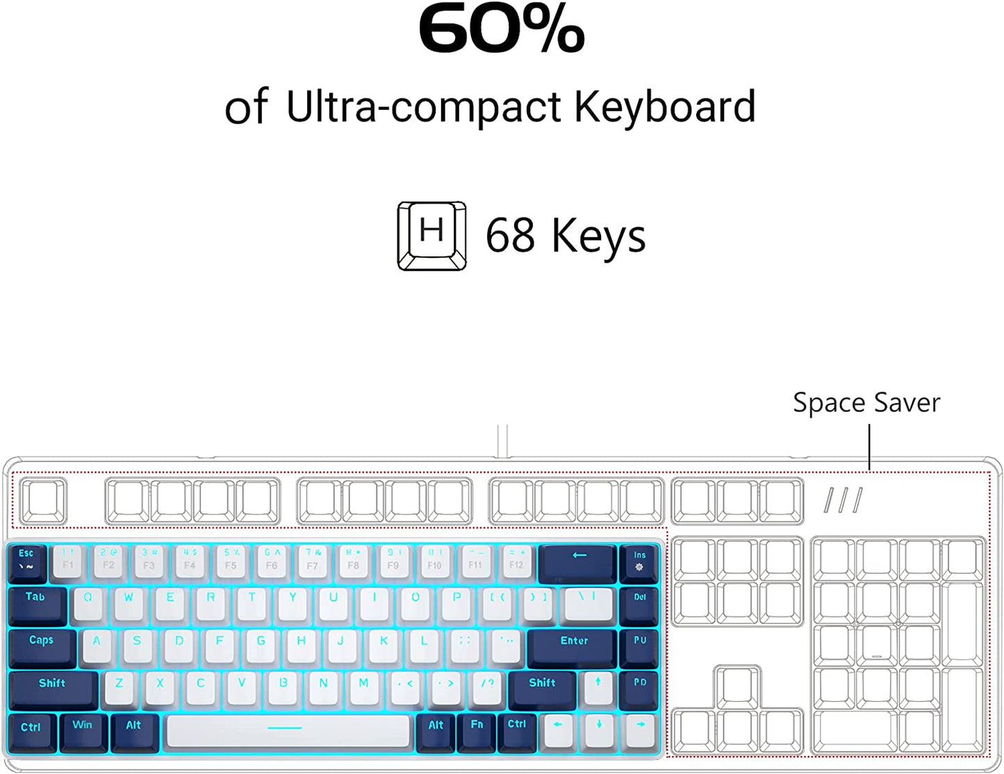 Portable 60% Mechanical Gaming Keyboard, Mk-Box LED Backlit Compact 68 Keys Mini Wired Office Keyboard with Red Switch for Windows Laptop PC Mac - White/Blue