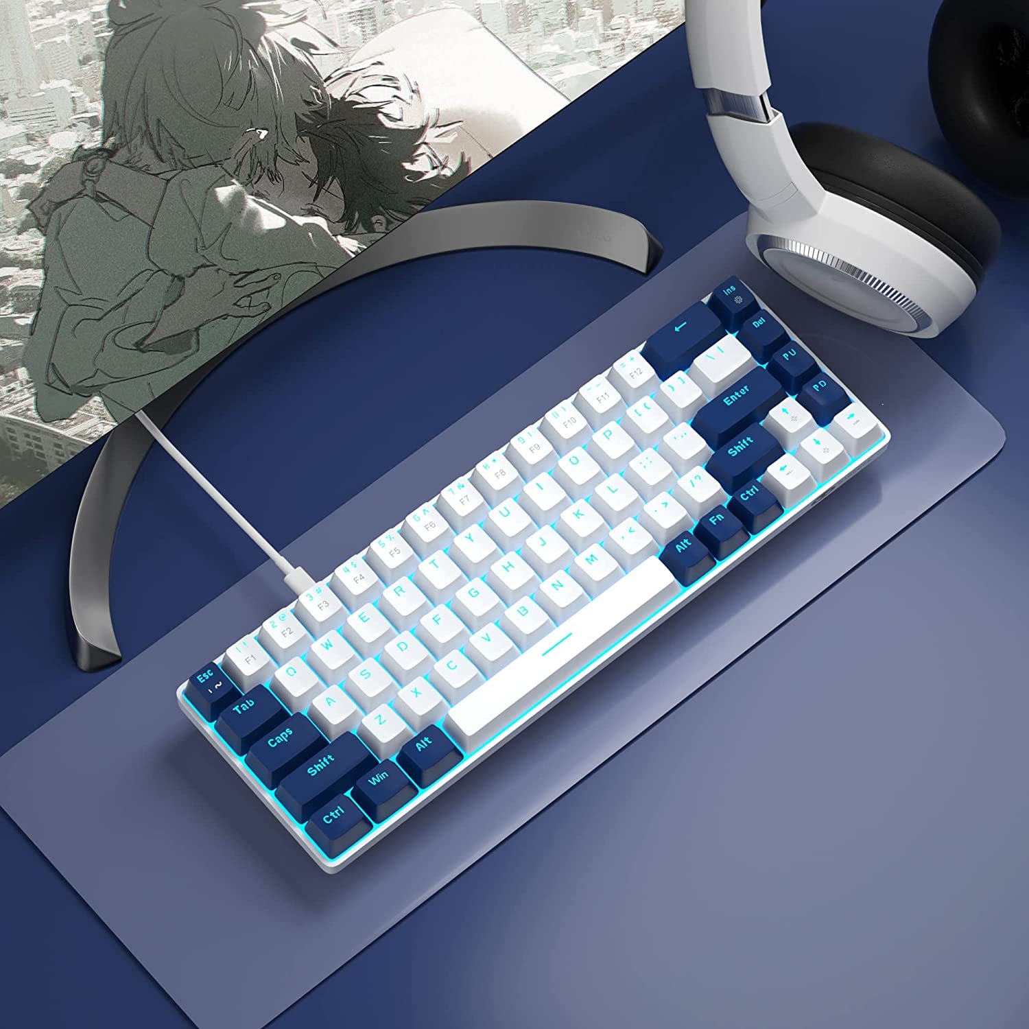 Portable 60% Mechanical Gaming Keyboard, Mk-Box LED Backlit Compact 68 Keys Mini Wired Office Keyboard with Red Switch for Windows Laptop PC Mac - White/Blue