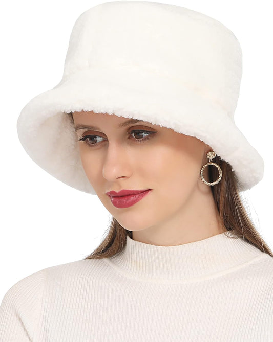 Women'S Faux Fur Bucket Hat Teddy Style Cloche Hat Winter Furry & Warm 