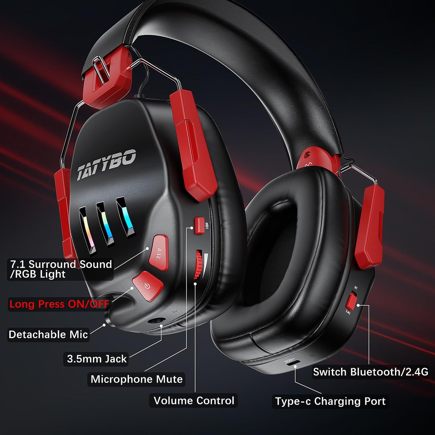 Wireless Gaming Headset 2.4Ghz USB & Type-C Gaming Headphones for PC, PS4, PS5, Switch, Bluetooth 5.3 Gaming Headset with Detachable Noise Cancelling Microphone