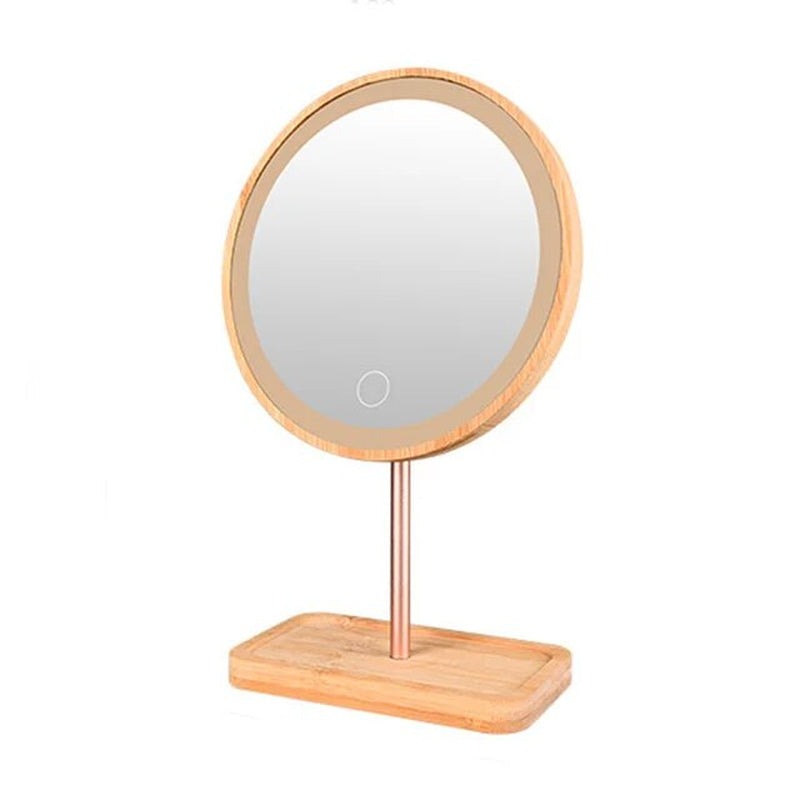 USB Rechargeable Wood Makeup Mirror with LED Light/ Detachable Storage Base 3 Modes