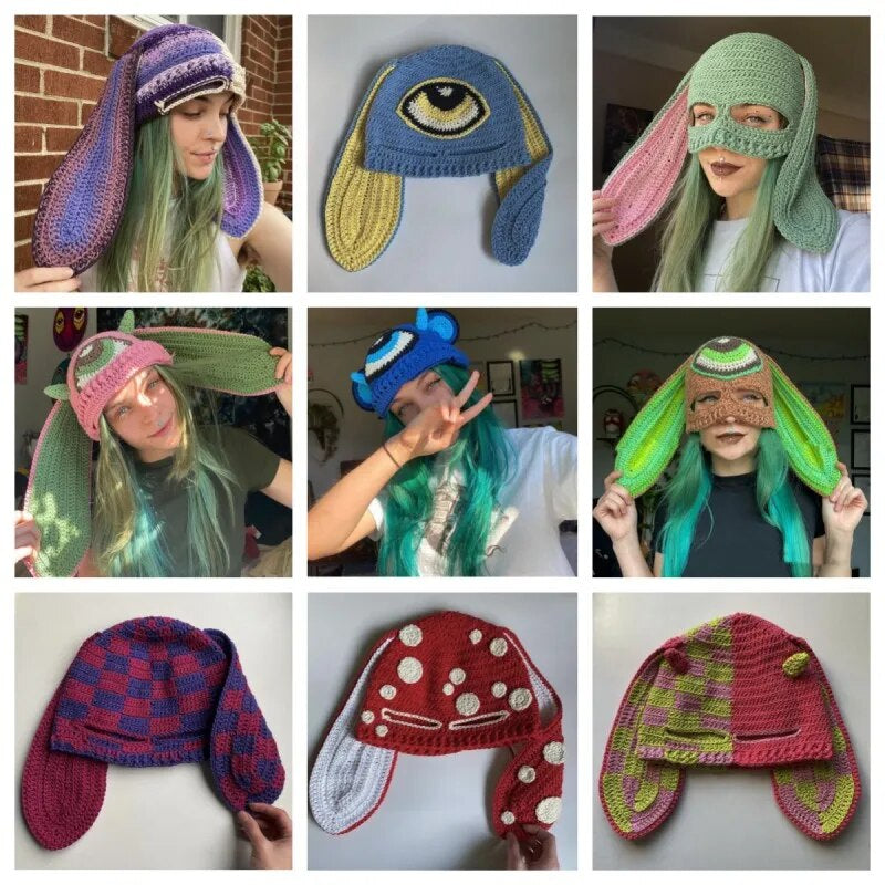 Cosplay Girls Cute Cartoon Animal Ears Cap, Knitted Bunny Ears, Windproof Mask