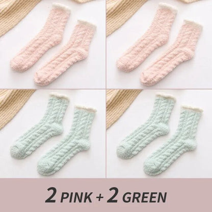 4 Pairs Winter Warm Fluffy Fuzzy Socks Thick Thermal Soft Kawaii Cold Resistance Mid Socks Coral Fleece Floor Sleep Sock