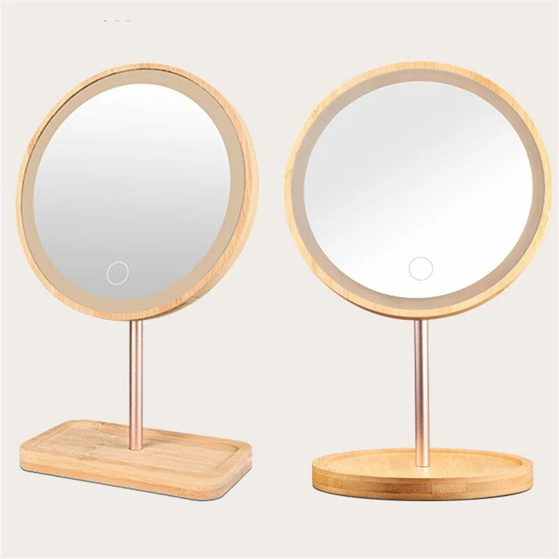 USB Rechargeable Wood Makeup Mirror with LED Light/ Detachable Storage Base 3 Modes