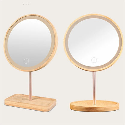 USB Rechargeable Wood Makeup Mirror with LED Light/ Detachable Storage Base 3 Modes