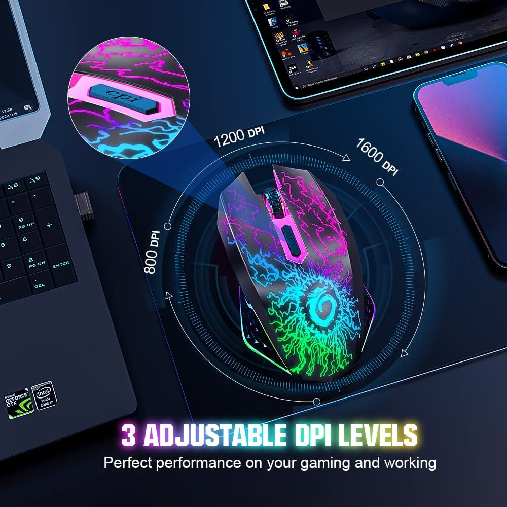 Wireless Gaming Mouse, Rechargeable Computer Mouse Mice with 7 LED Lights, 6 Programmable Buttons, 2.4G USB Nano Receiver 3 Adjustable DPI for Laptop PC Gamer Desktop Chromebook Mac-Black