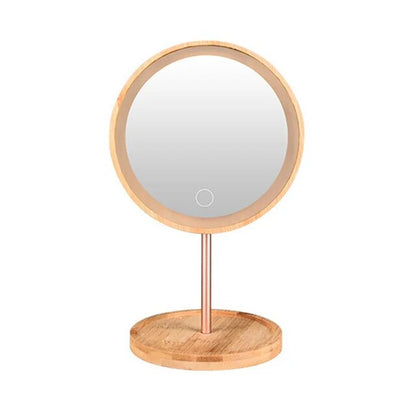 USB Rechargeable Wood Makeup Mirror with LED Light/ Detachable Storage Base 3 Modes