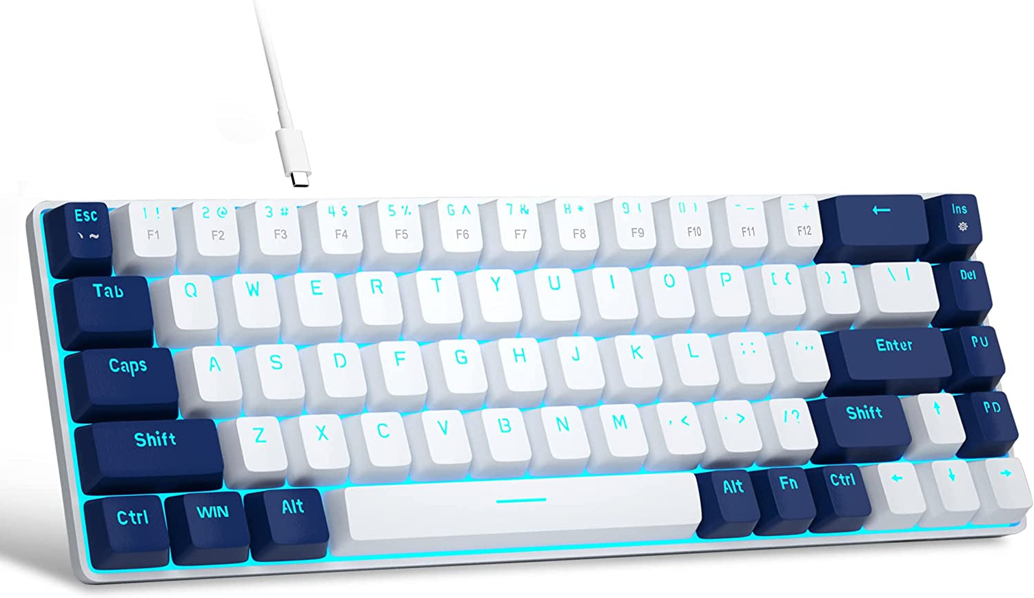 Portable 60% Mechanical Gaming Keyboard, Mk-Box LED Backlit Compact 68 Keys Mini Wired Office Keyboard with Red Switch for Windows Laptop PC Mac - White/Blue