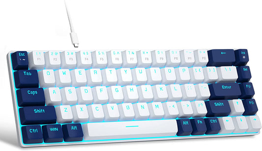 Portable 60% Mechanical Gaming Keyboard, Mk-Box LED Backlit Compact 68 Keys Mini Wired Office Keyboard with Red Switch for Windows Laptop PC Mac - White/Blue