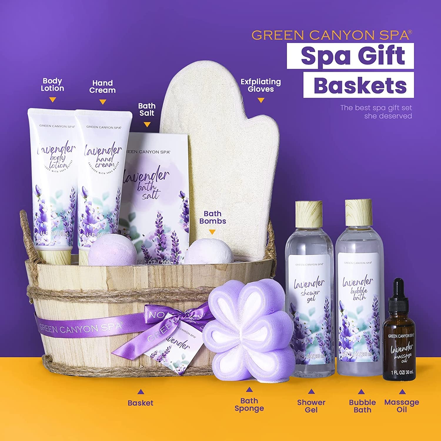 Spa Gift Baskets for Women 11Pcs Lavender Bath Gift Set with Body Lotion, Essential Oil, Relaxation