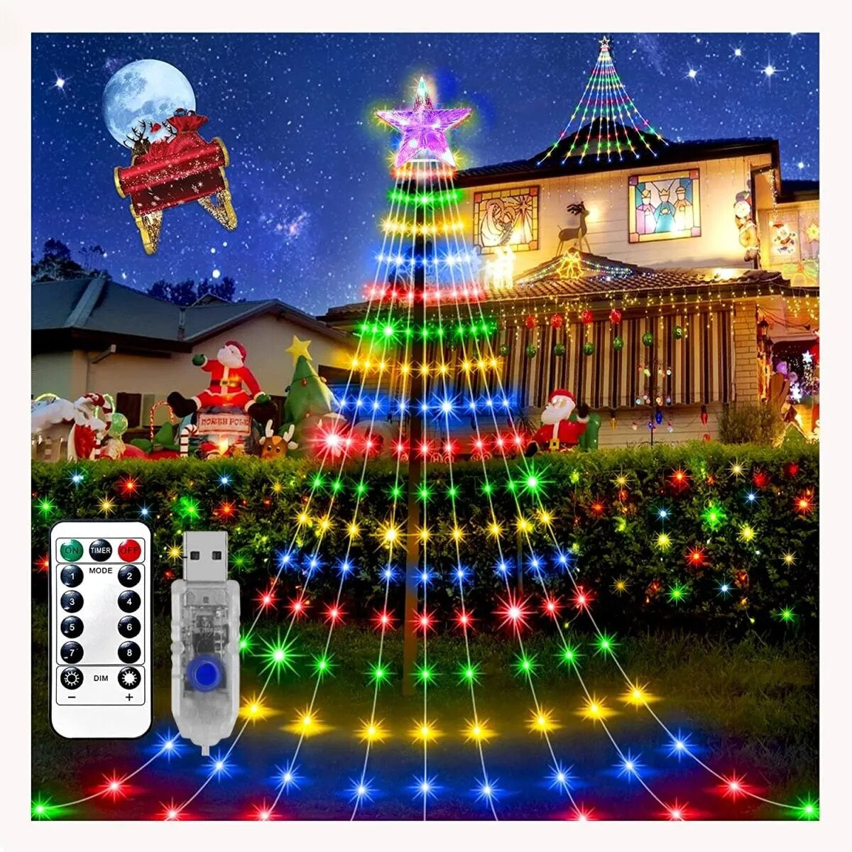 One Waterfall Light String, 9 Strip 2M/6,56FT, Christmas Lights, Eight Modes USB with Remote Control, Waterproof String Lights