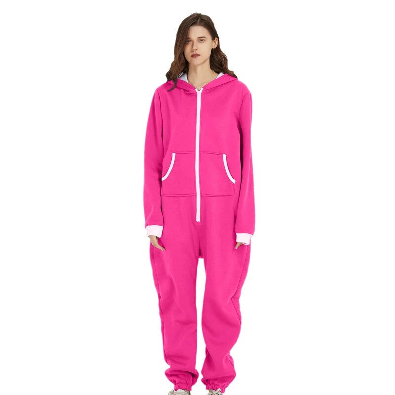 Unisex Sleepwear Jumsuits Hooded Pockets Zipper Onesies One Piece Solid Pajamas Homewear Long Sleeve Nightwear Casual Pyjamas