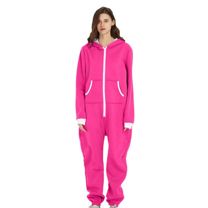 Unisex Sleepwear Jumsuits Hooded Pockets Zipper Onesies One Piece Solid Pajamas Homewear Long Sleeve Nightwear Casual Pyjamas