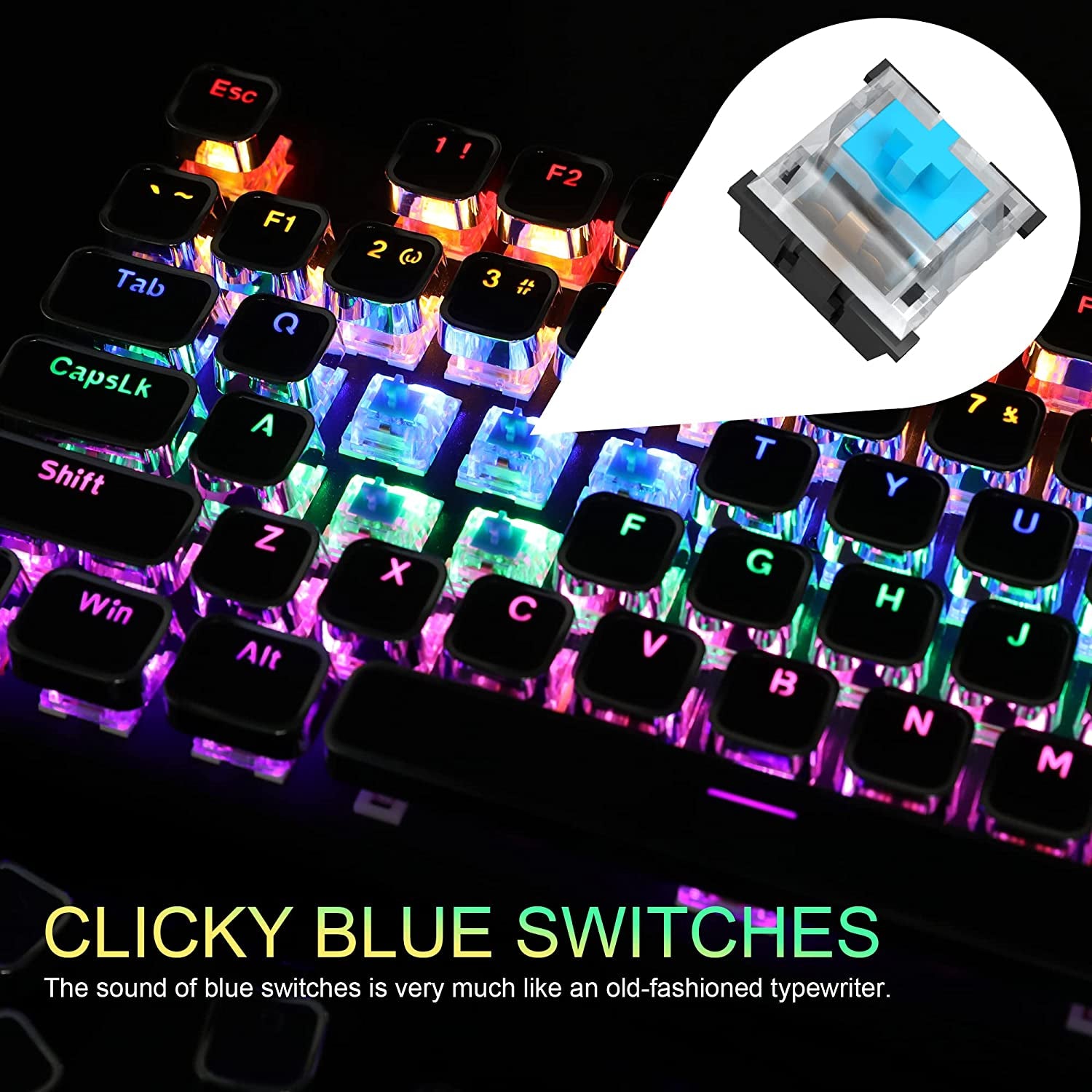 Typewriter Style Mechanical Gaming Keyboard, Black Retro Punk Gaming Keyboard with RGB Backlit, 104 Keys Blue Switch Wired Cute Keyboard, Unique Square Keycaps for Windows/Mac/Pc