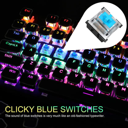 Typewriter Style Mechanical Gaming Keyboard, Black Retro Punk Gaming Keyboard with RGB Backlit, 104 Keys Blue Switch Wired Cute Keyboard, Unique Square Keycaps for Windows/Mac/Pc