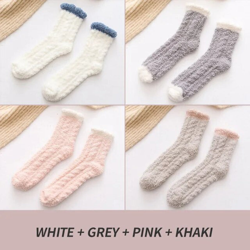 4 Pairs Winter Warm Fluffy Fuzzy Socks Thick Thermal Soft Kawaii Cold Resistance Mid Socks Coral Fleece Floor Sleep Sock
