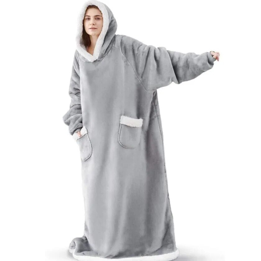 Super Long Flannel Blanket with Sleeves, Winter Hoodies Sweatshirt Women & Men Pullover Oversized Fleece 