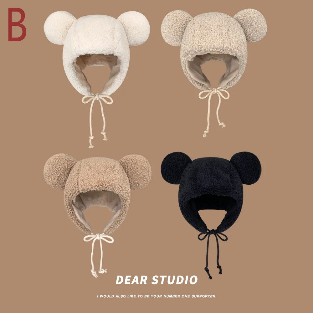 Women'S Winter Hat 2023 Fashion Solid Beanies, Cute Bear Ears , Windproof Cap Earflap Hat w/ Lamb Hair Cap
