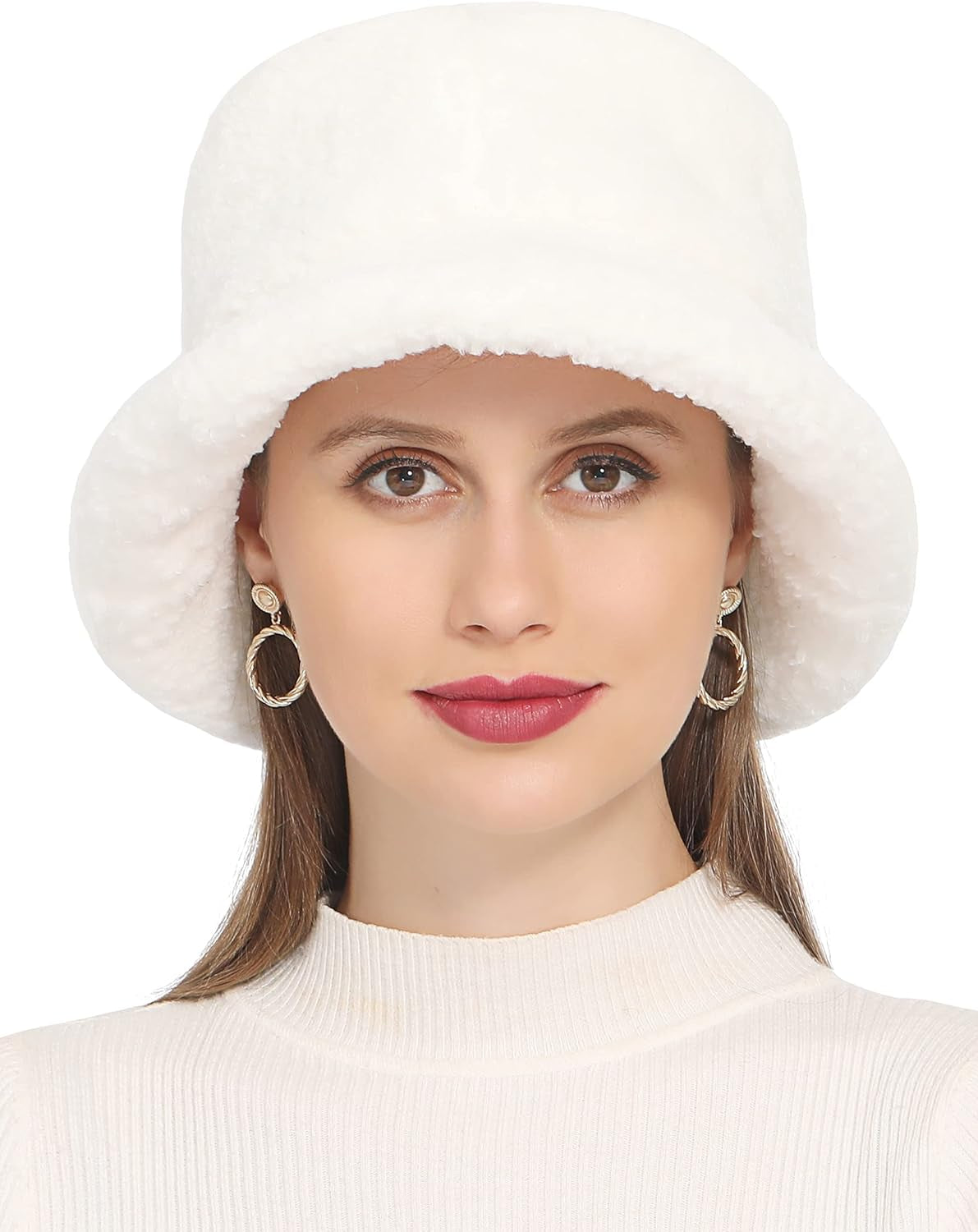 Women'S Faux Fur Bucket Hat Teddy Style Cloche Hat Winter Furry & Warm 