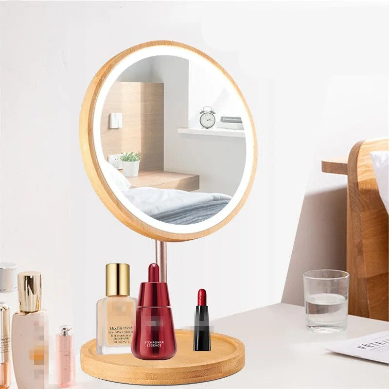 USB Rechargeable Wood Makeup Mirror with LED Light/ Detachable Storage Base 3 Modes