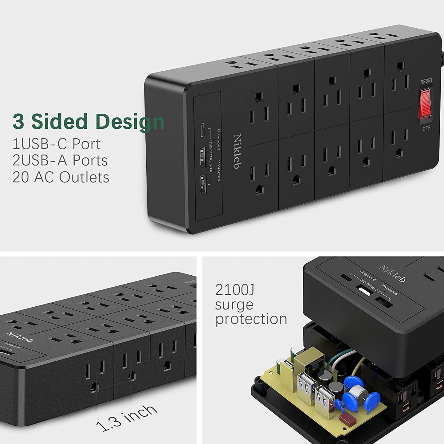 Power Strip 23 in 1, 20 Outlets Surge Protector Wall Mount with 2 USB Ports + 1 USB C Port 3.1A Total, Multi Plug Extension Cord 6Ft Heavy Duty, USB Charging Station for Multiple Devices, Home, Office