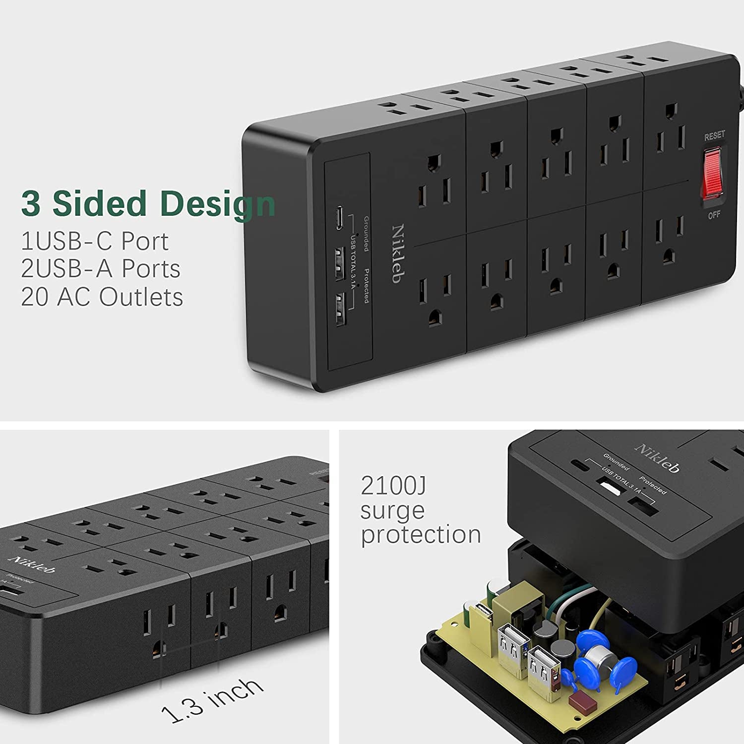 Power Strip 23 in 1, 20 Outlets Surge Protector Wall Mount with 2 USB Ports + 1 USB C Port 3.1A Total, Multi Plug Extension Cord 6Ft Heavy Duty, USB Charging Station for Multiple Devices, Home, Office