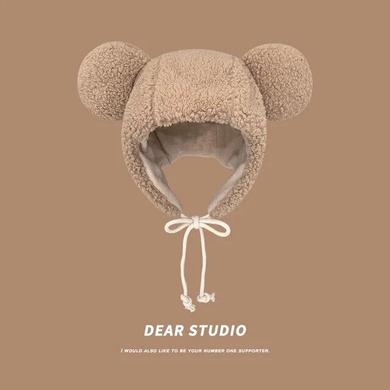 Women'S Winter Hat 2023 Fashion Solid Beanies, Cute Bear Ears , Windproof Cap Earflap Hat w/ Lamb Hair Cap
