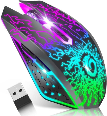 Wireless Gaming Mouse, Rechargeable Computer Mouse Mice with 7 LED Lights, 6 Programmable Buttons, 2.4G USB Nano Receiver 3 Adjustable DPI for Laptop PC Gamer Desktop Chromebook Mac-Black