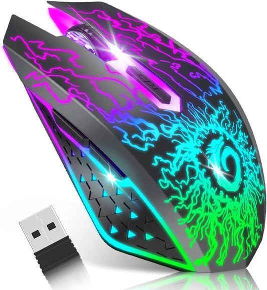 Wireless Gaming Mouse, Rechargeable Computer Mouse Mice with 7 LED Lights, 6 Programmable Buttons, 2.4G USB Nano Receiver 3 Adjustable DPI for Laptop PC Gamer Desktop Chromebook Mac-Black