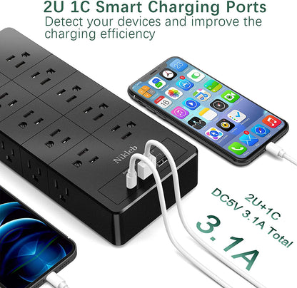 Power Strip 23 in 1, 20 Outlets Surge Protector Wall Mount with 2 USB Ports + 1 USB C Port 3.1A Total, Multi Plug Extension Cord 6Ft Heavy Duty, USB Charging Station for Multiple Devices, Home, Office