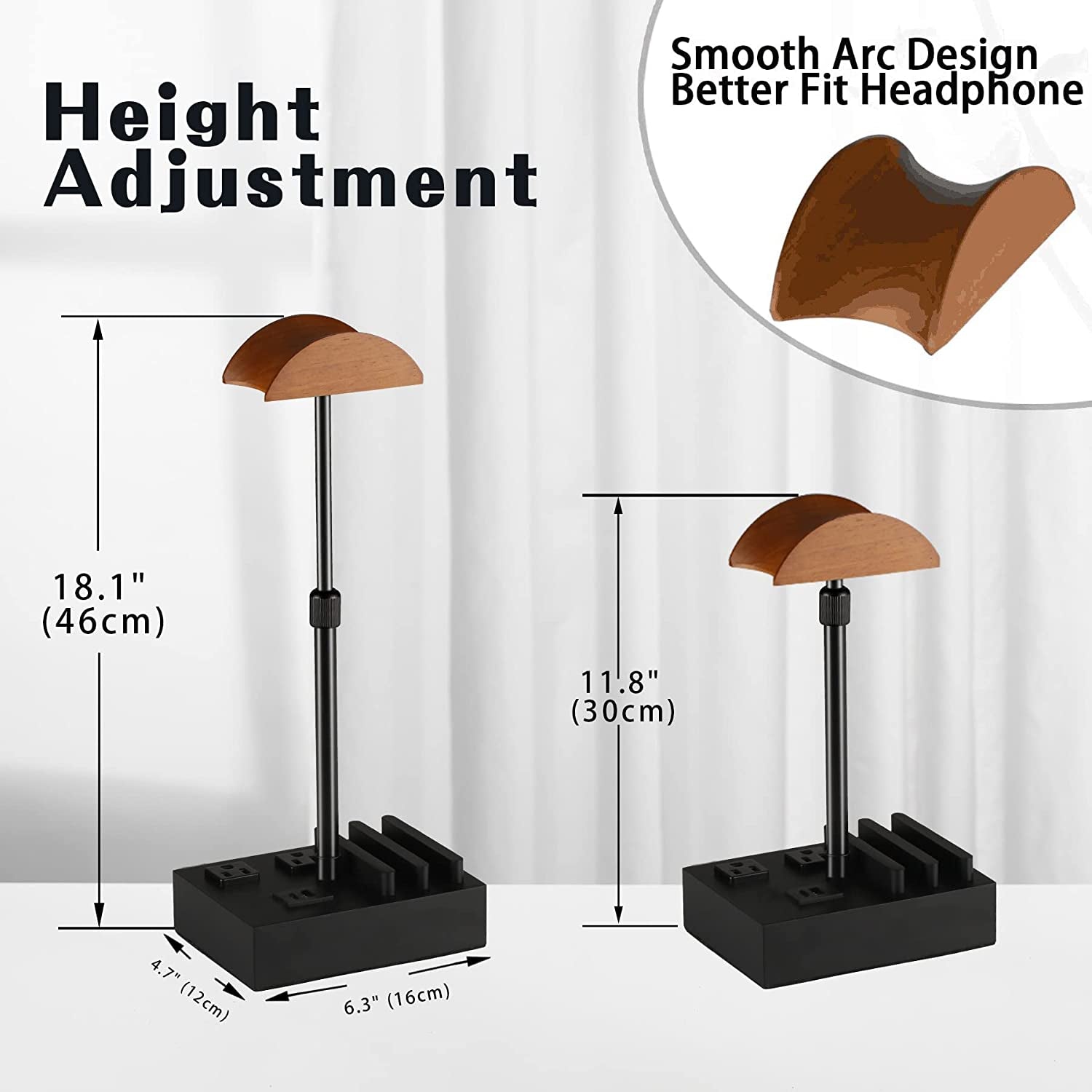 Headphone Stand Desktop Gaming Headset Holder with 2 AC Outlets and USB C&A Ports, Charging Station&Phone Stands, Height Adjustable Wood Earphone Table Game Accessories for Desktop Gamer