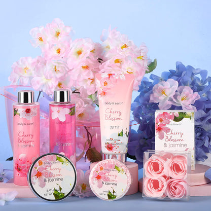 Spa Earth & Body 8 Pcs Bath Sets with Cherry Blossom & Jasmine Scent Bubble Bath,Shower Gel, Body & Hand Lotion 