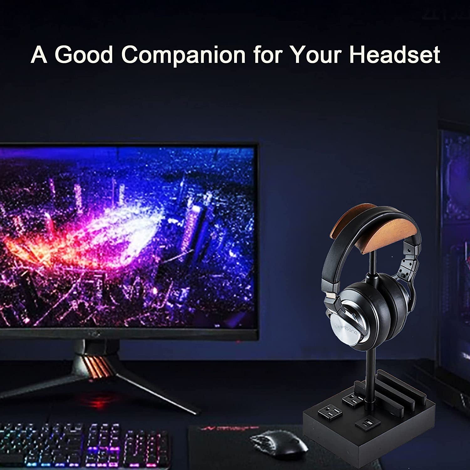 Headphone Stand Desktop Gaming Headset Holder with 2 AC Outlets and USB C&A Ports, Charging Station&Phone Stands, Height Adjustable Wood Earphone Table Game Accessories for Desktop Gamer